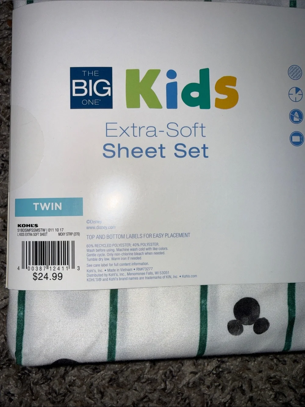 Disney White Sheet Set with Green Stripe and Black Mickey Heads